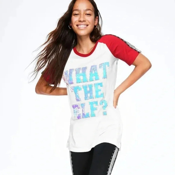 Pink Victoria's Secret Short Sleeve What The Elf Sequin Top - Picture 1 of 8